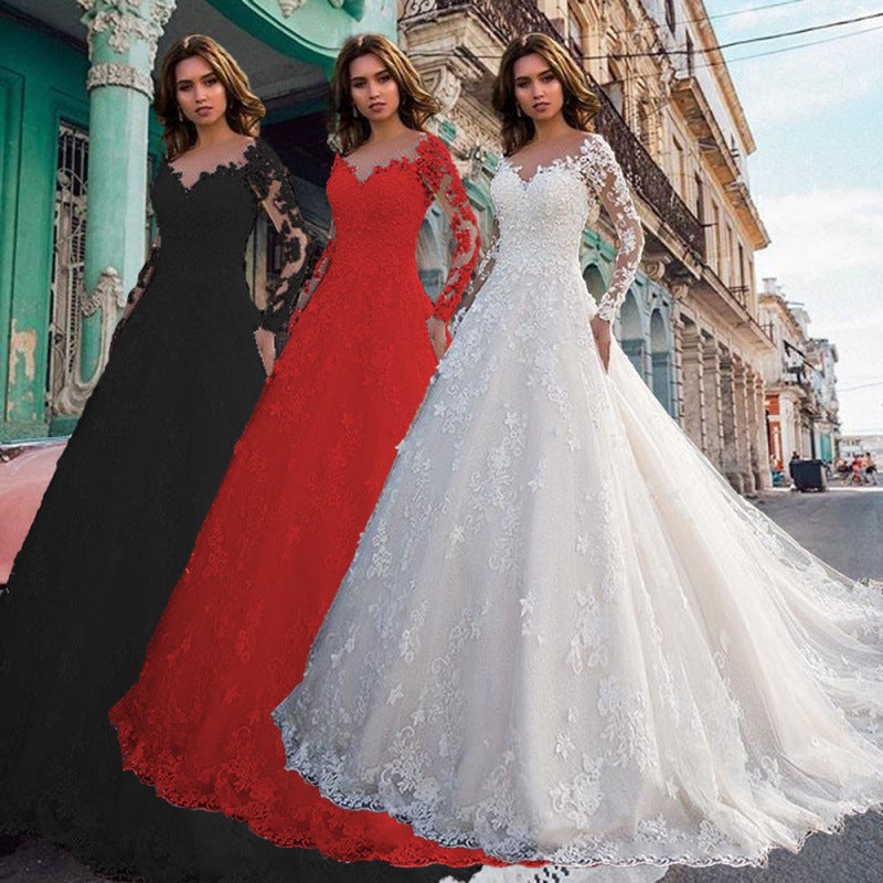 فستان زفاف نسائي بأكمام طويلة بلون موحد مع دانتيل شفاف - Image 3